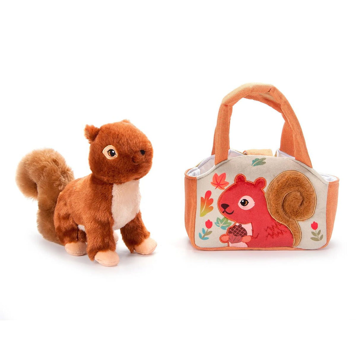 Plush squirrel toy next to a matching handbag on a white background