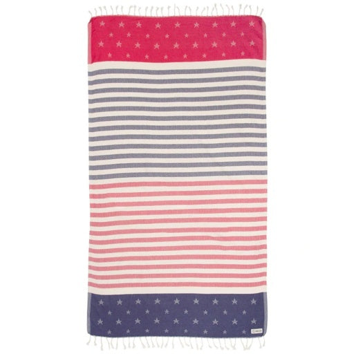 Striped towel with star patterns on a white background