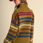 Back view of the &merci Striped Zip-Up Cardigan in avocado olive with navy, burgundy and cream stripes