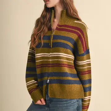 Close-up of the &merci Striped Zip-Up Cardigan showing the mock neck and full front zip in avocado olive stripes