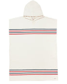 White hooded poncho with red and blue stripes on a white background