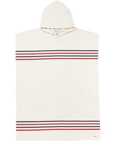 White hooded poncho with red and blue stripes on a white background