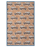 A rectangular rug with a repeating pattern of vintage station wagons on a tan background, finished with a solid blue border.
