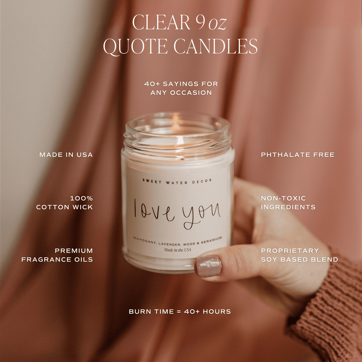 Sweet Water Decor 9 oz clear jar soy candle product features graphic