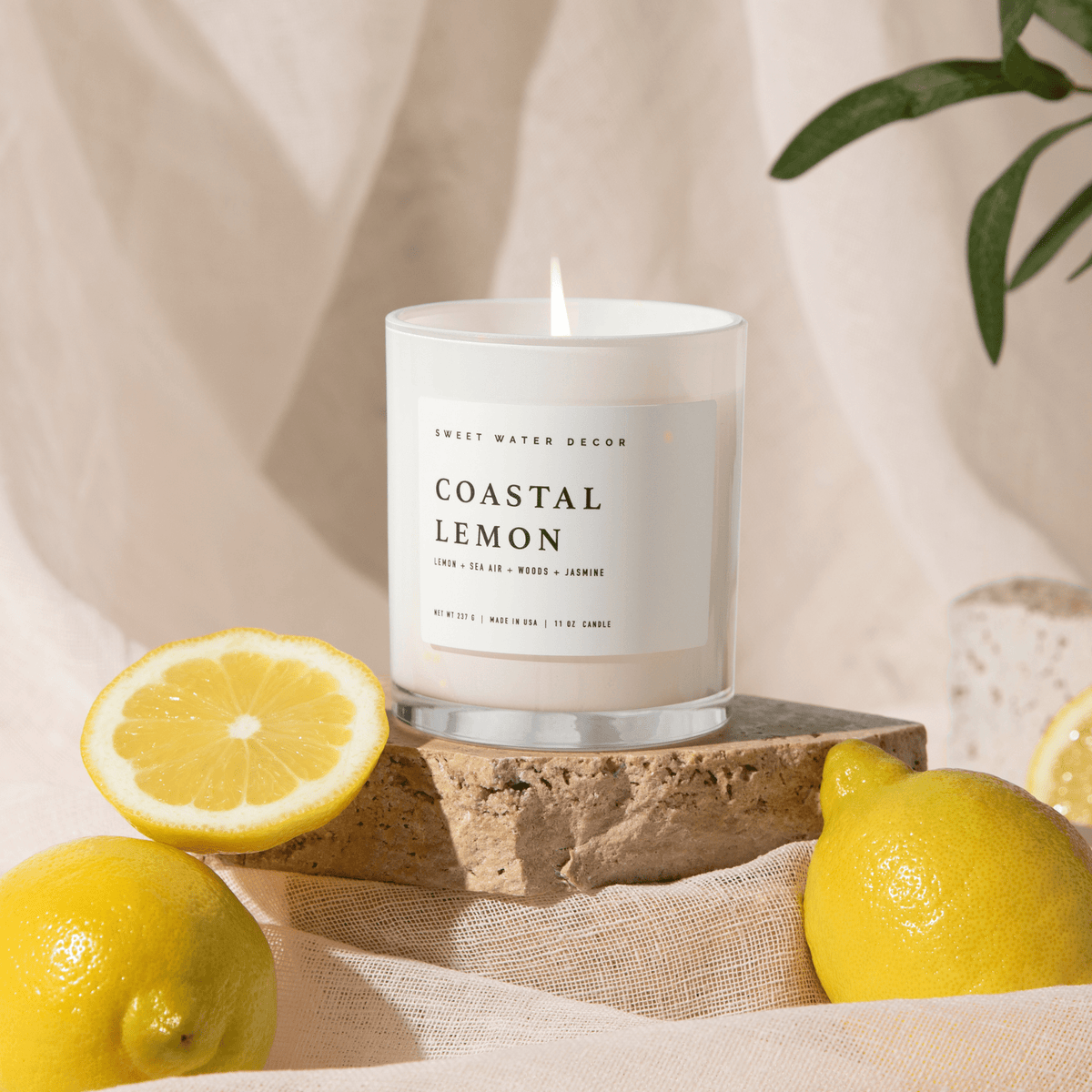 Coastal Lemon soy candle styled with fresh lemons and greenery