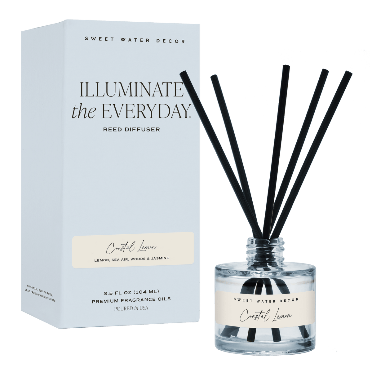 Sweet Water Decor Coastal Lemon reed diffuser in blue-tinted glass with its gift box