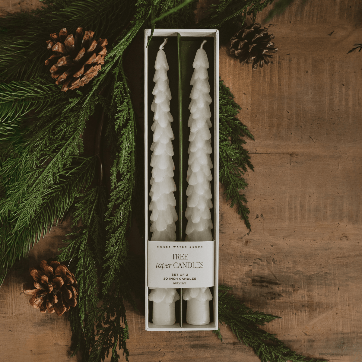 Boxed set of 2 cream tree taper candles with pine branches and pinecones