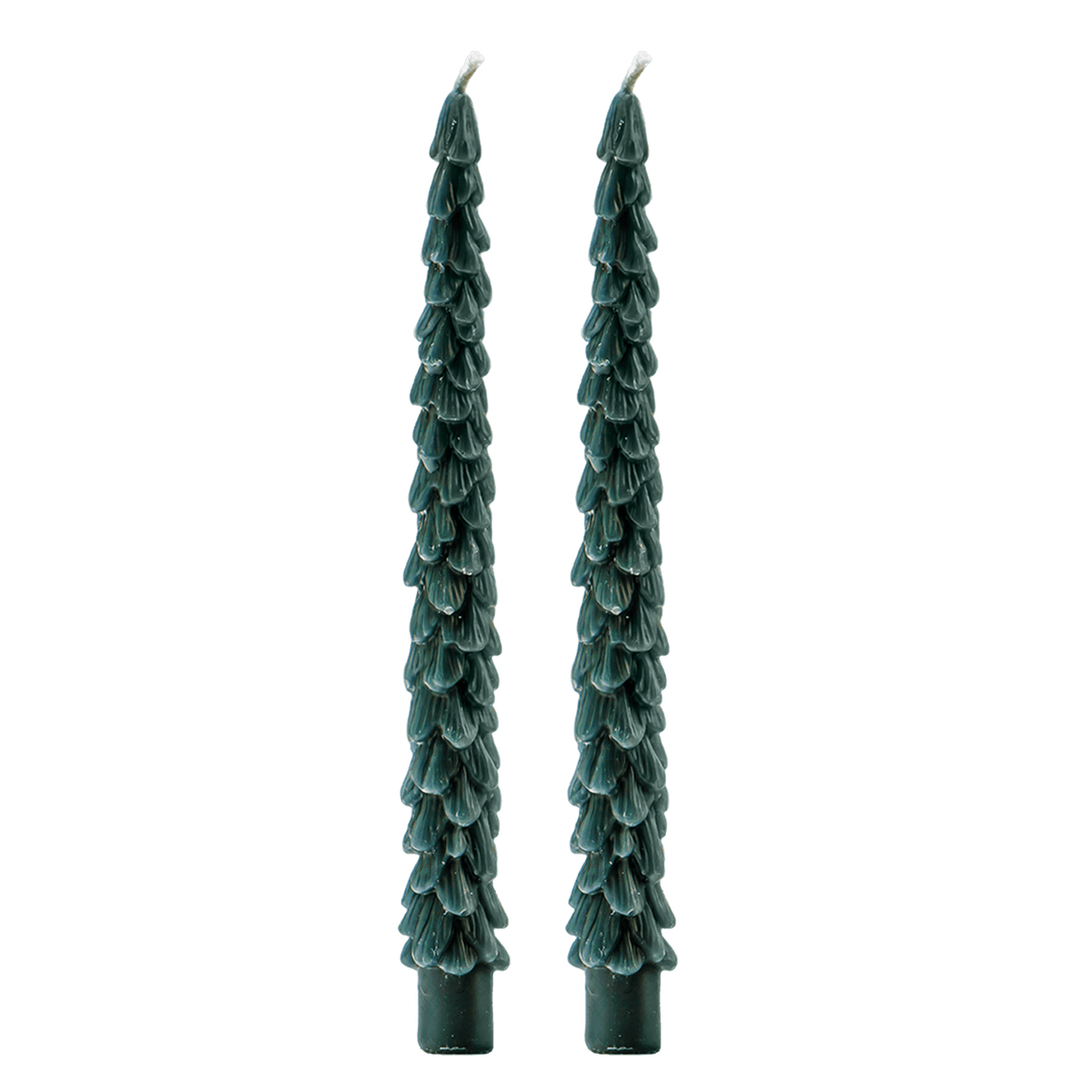 Set of 2 green tree-shaped taper candles by Sweet Water Decor on a white background