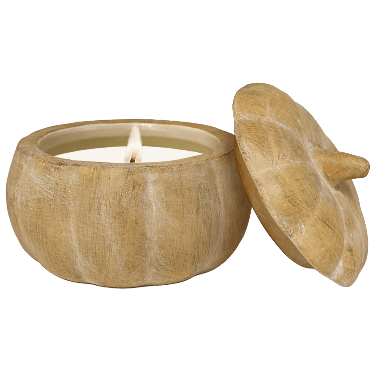 Sweet Water Decor Pumpkin Spice soy candle in a ceramic pumpkin jar with lid off