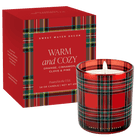 Warm and Cozy 12 oz soy candle in a red tartan plaid jar with its gift box