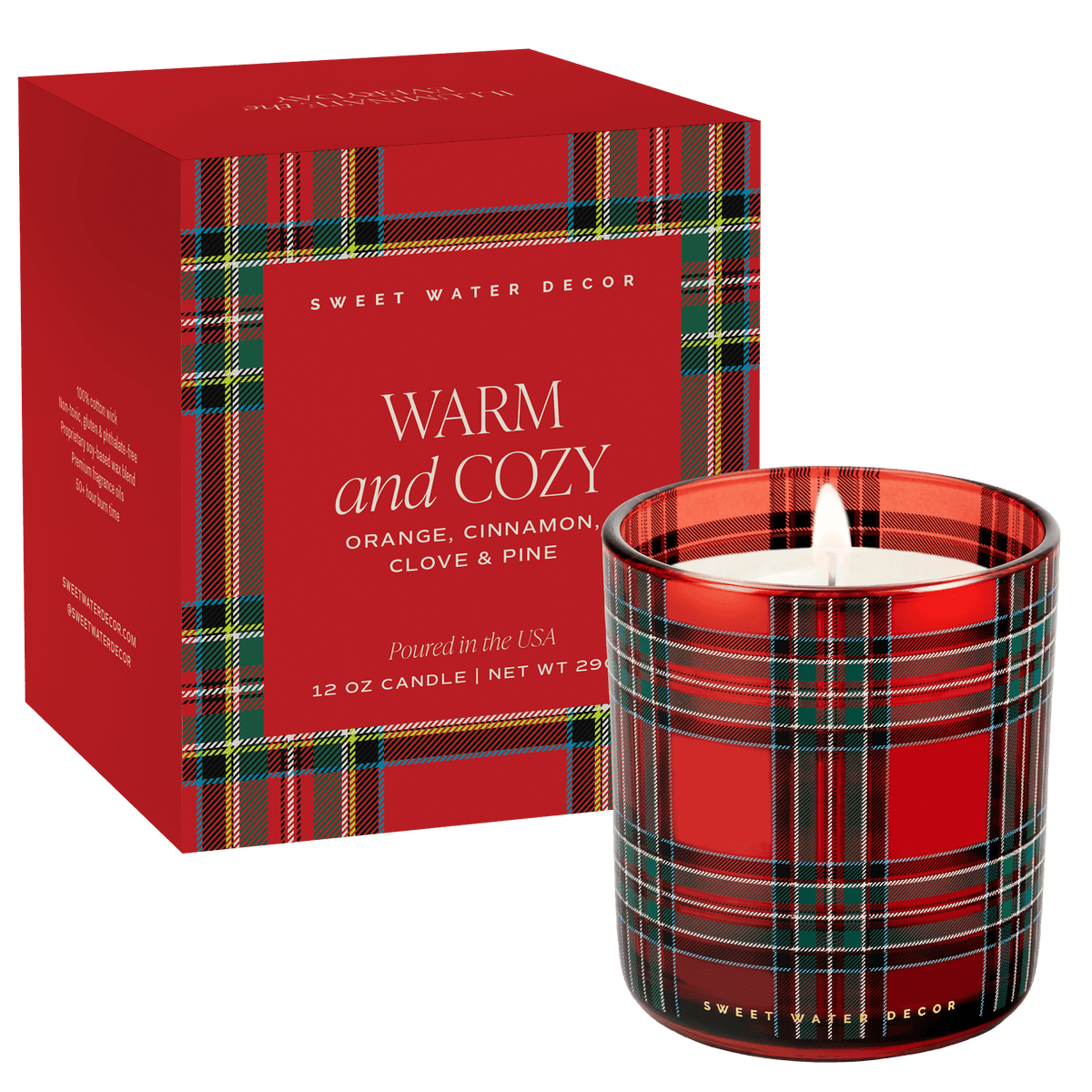 Warm and Cozy 12 oz soy candle in a red tartan plaid jar with its gift box