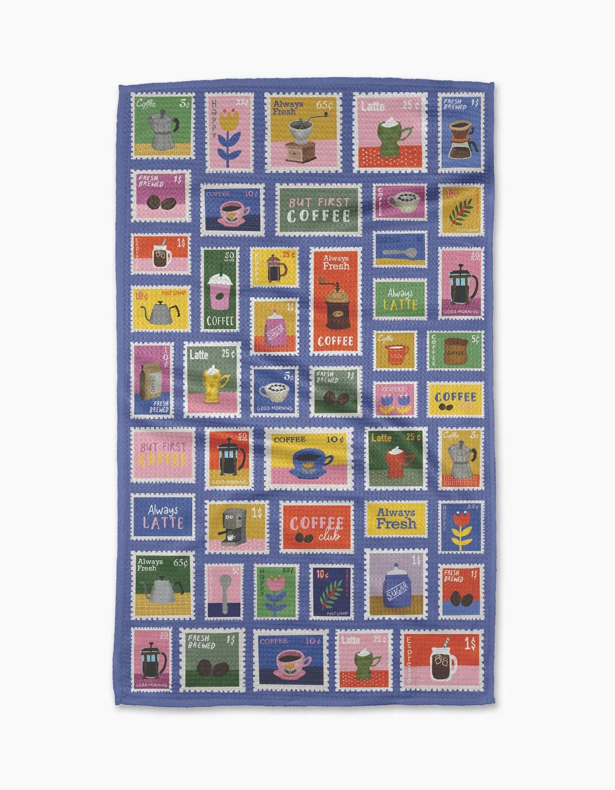Tea towel with colorful coffee-themed postage stamp designs on a blue background
