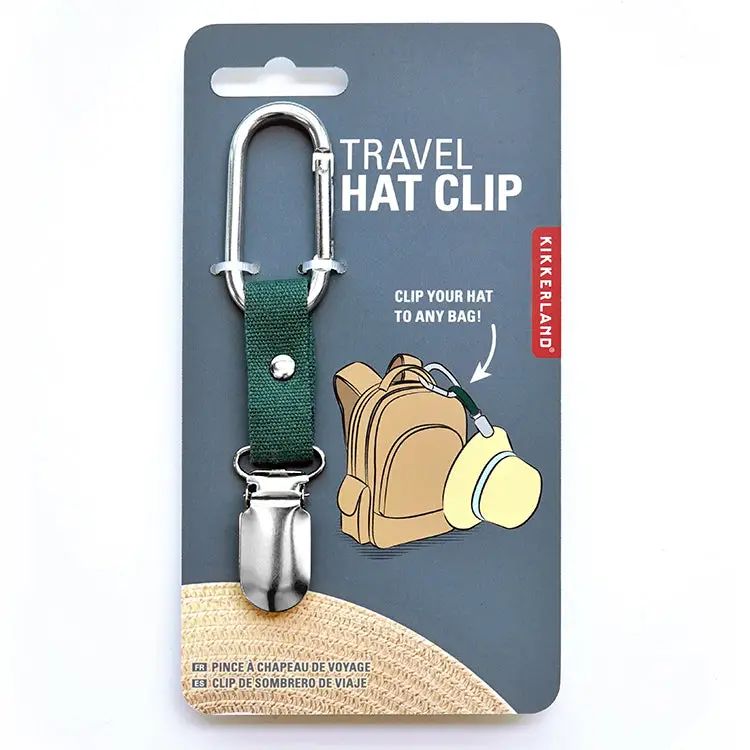 Travel hat clip on Kikkerland packaging with backpack and lamp illustration