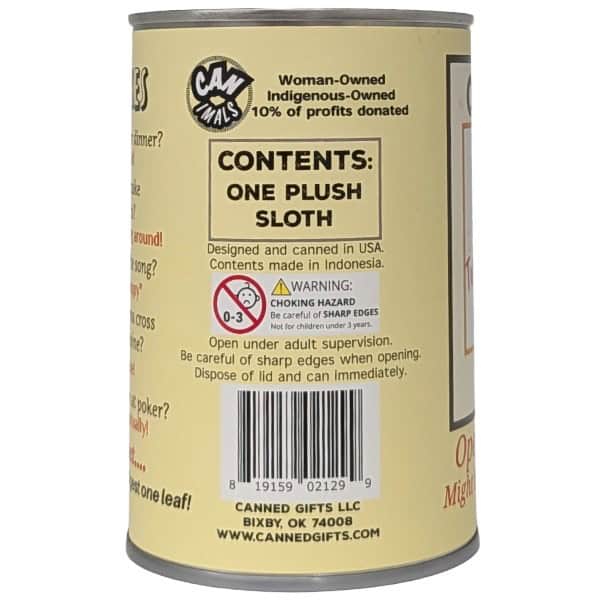 Twiggy the Canned Sloth plush in a can by Canned Gifts, view 3