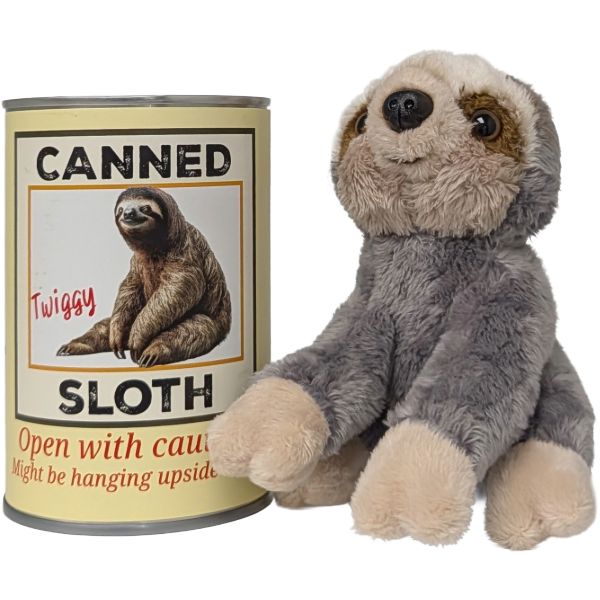 Canned Gifts Twiggy the canned sloth plush in a can with foil lid