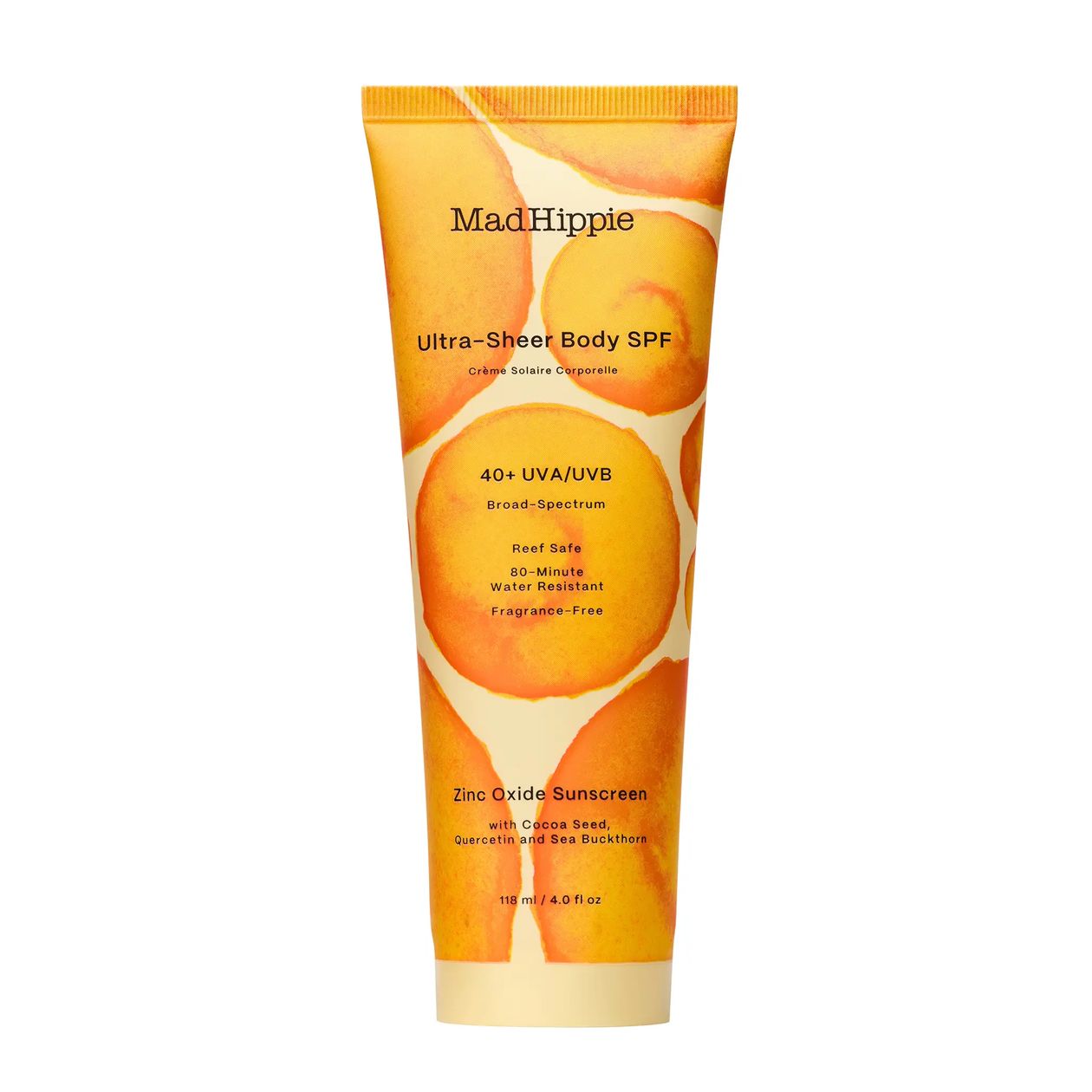 Mad Hippie Ultra-Sheer Body SPF sunscreen tube on a white background