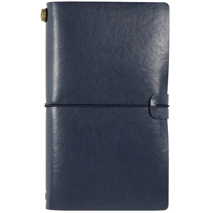 Midnight blue faux leather Voyager refillable traveler's notebook with elastic closure and bronze bead accent