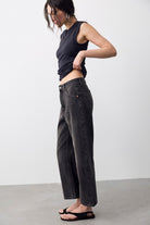 Side view of the Deep Trance Dropped Boyfriend Jeans in Hypnosis showing the low-rise slouchy barrel leg