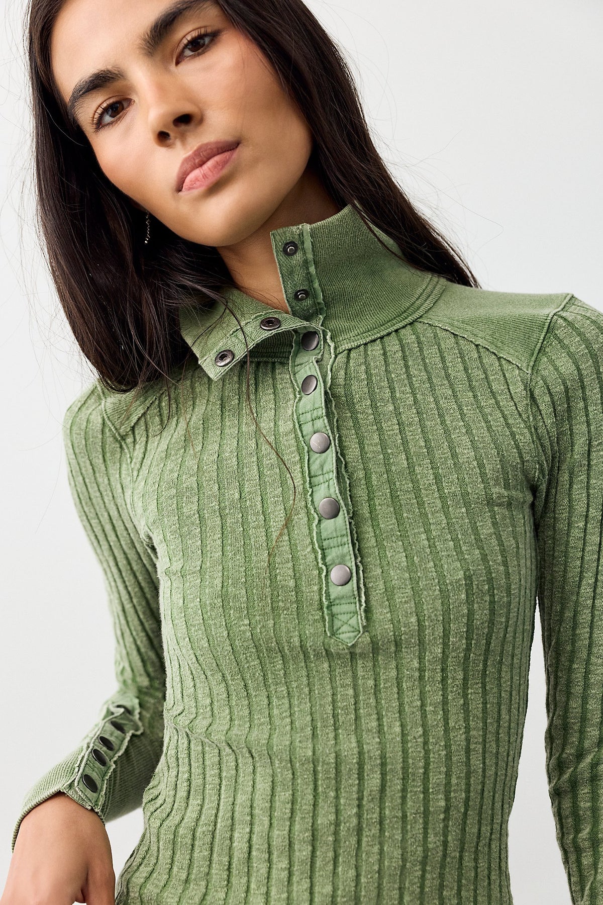 We The Free Surplus Cuff Top in Courtyard, funnel neck close-up