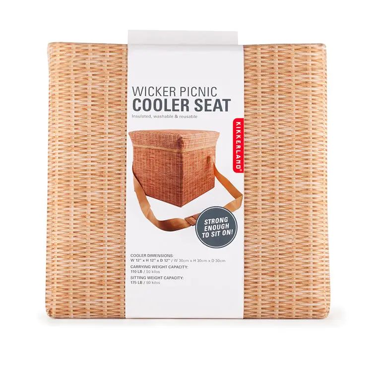 Wicker picnic cooler seat with packaging on a white background