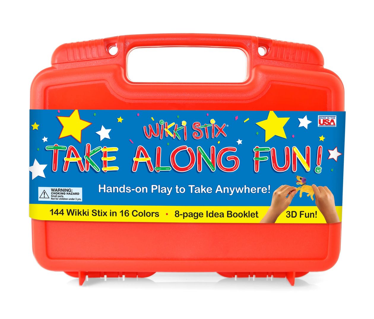 Red carrying case for Wikki Stix Take Along Fun set with colorful label on a white background