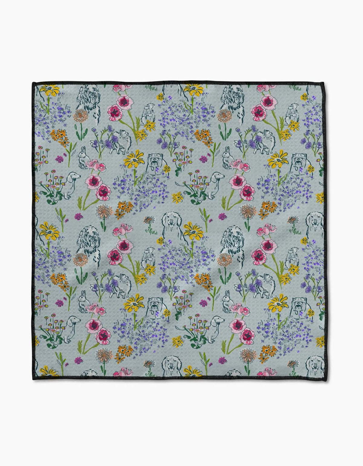 Wildflower Woof paw towel in soft blue-gray with multicolor wildflower print