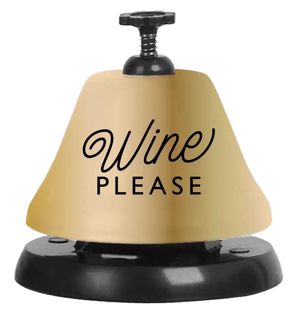 Beige bell with 'Wine Please' text on a white background