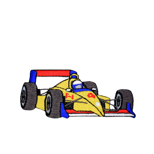 Embroidered yellow Formula One race car iron-on patch